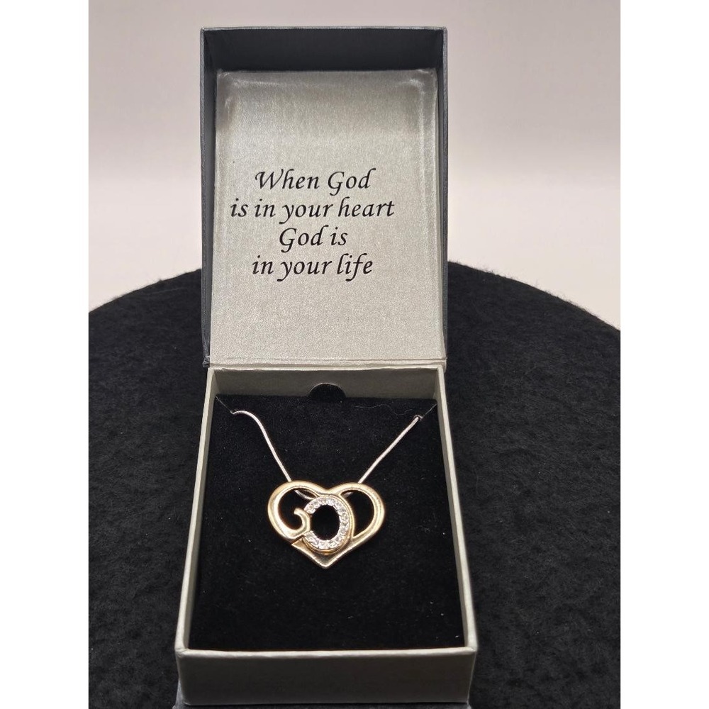 Gods Heart Pendant Necklace Love Rhinestone Two Tone Metal Gold Silver Religious
